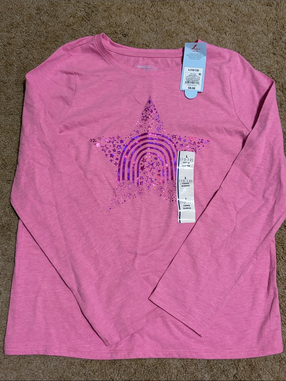 NWT Cat & Jack Pink Long Sleeve Top with Shiny Star Rainbow Graphic